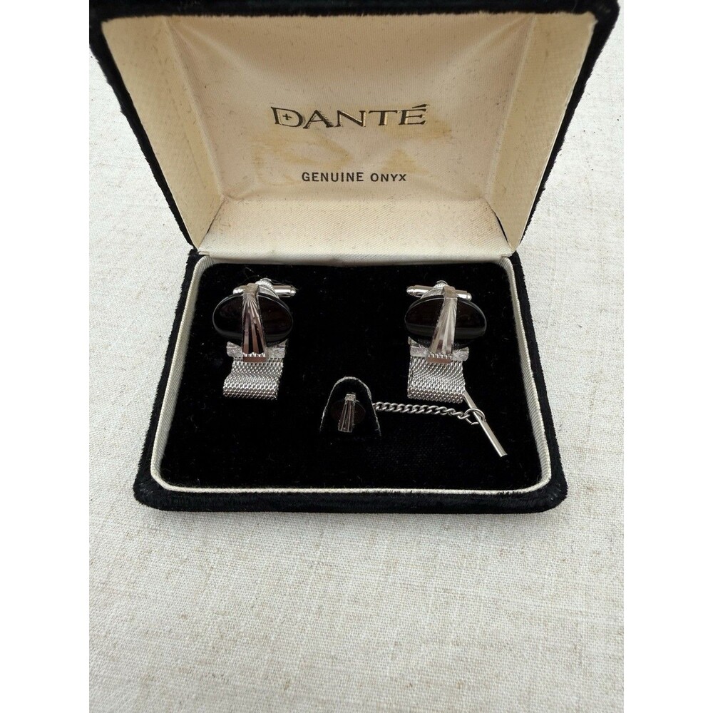 Vintage Dante Onyx Cufflinks Tie Tack Set Silver Tone Mesh Wrap w Box